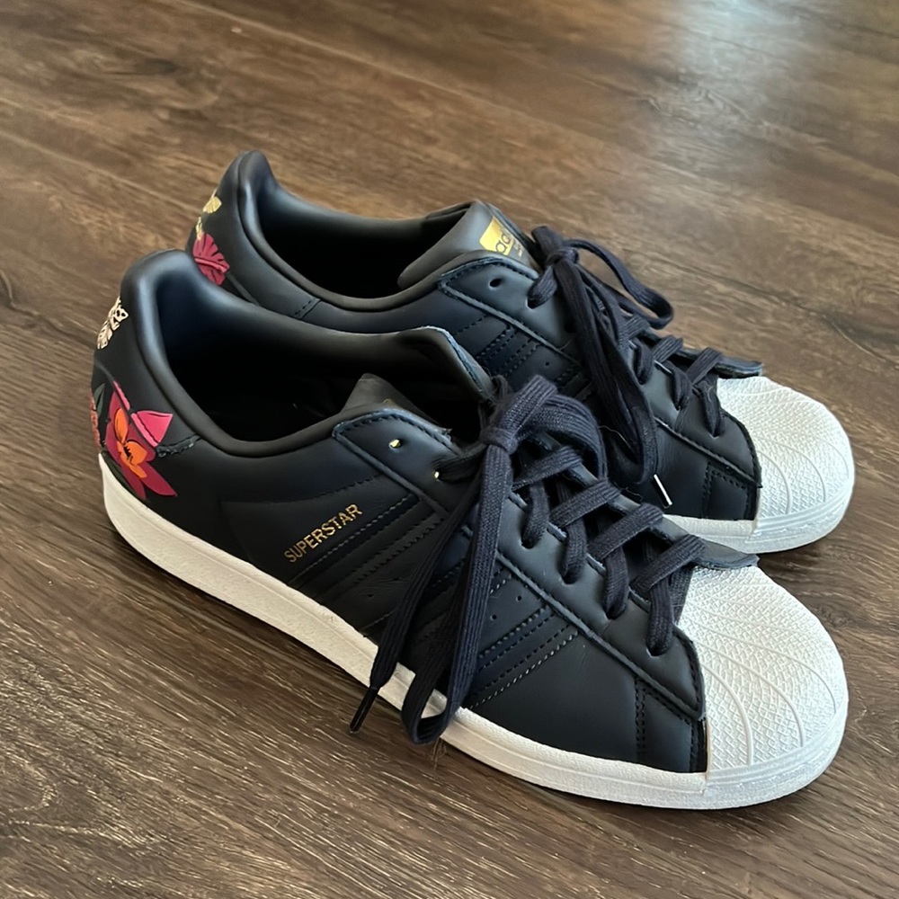 adidas Superstar Black with White Shell Toe and Floral Accents